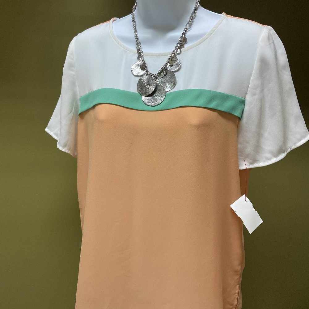 PAPAYA Peach & Seafoam Green Color Block Short Sleeve Top. sz S